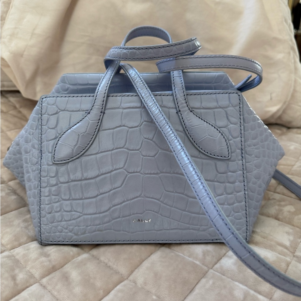 Bally Sky Blue Crocodile-Embossed Leather Bag